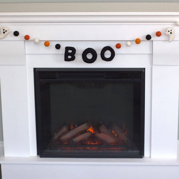 Ghost BOO Halloween Felt Garland- 6 ft String, 25 Shapes- Orange Black- Fall Mantle Shelf Banner- Approx. 3"x2" Ghosts, 1" Balls, 3" Letters