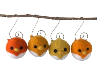 Ornements d'arbre d'oiseaux d'automne - LOT de 4 oranges et poussins dorés avec crochets en argent - Déco printemps-été automne, cadeau de Noël