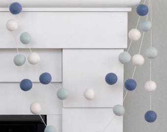 Ice, Baby Blue & White Garland- Winter Shelf Mantel Banner, Hanukkah Decor, Boy Nursery Playroom- 1" Felt Balls - 100% Wool- Ecofriendly