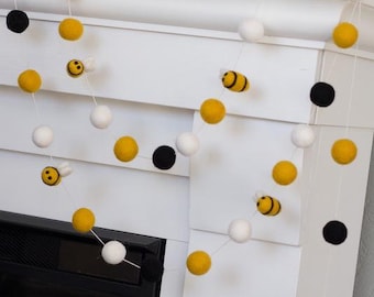 Bumble Bee Garland- 1" Felt Balls- Golden Yellow, Black- Spring Mantel Banner, Summer Shelf Home Decor- 100% Wool