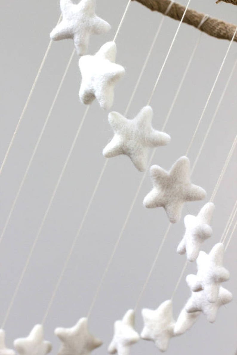 Spiral Nursery Mobile White Felt Stars Gender Neutral Nursery Baby and Children's Room Felt Ball Ceiling Decor 100% Wool, Ecofriendly image 3