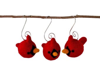 Cardinal Bird Ornaments - Set of 3 or 5 with Silver Hooks - Red Wool Felt Christmas Tree Decor - Approx 1.5" x 2"- Handmade