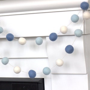 Ice, Baby Blue & White Garland- Winter Shelf Mantle Banner, Hanukkah Decor, Boy Nursery Playroom- 1&quot; Felt Balls - 100% Wool- Ecofriendly