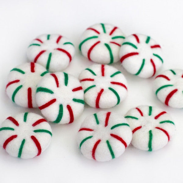 Felt Peppermints Red & Green- Christmas Home Decor, Winter Tiered Tray, Candy Cane Bowl Filler, DIY Craft, Wool Cat Toy- Approx. 1.75"