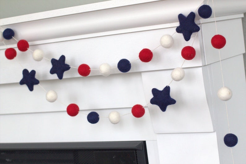 Red White Navy Blue Garland 1 Felt Balls, 2 Stars Navy Blue Stars Holiday USA Memorial Day Fourth July 100% Wool image 8