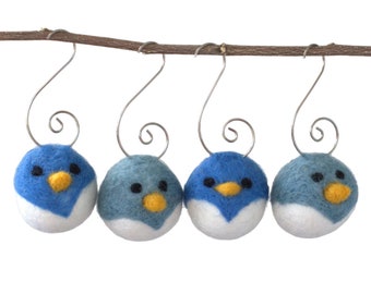 Oiseaux décoratifs pour arbre - LOT de 2 ou 4 poussins nuances de bleu avec crochets argentés - décoration printanière, cadeau de Noël