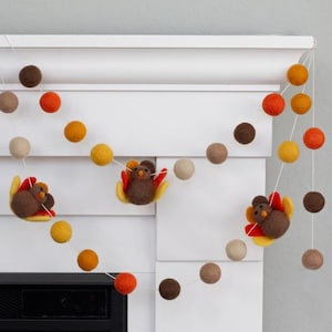 Thanksgiving Turkey Fall Garland- Brown Orange- Home Decor Mantel Banner, Autumn Harvest Shelf Bunting, 1" Wool Felt Balls, 2.5" Turkeys