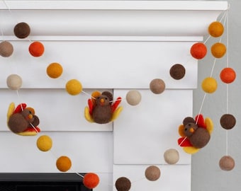 Thanksgiving Turkey Fall Garland- Brown Orange- Home Decor Mantel Banner, Autumn Shelf Bunting, 1" Felt Balls, 2.5" Turkeys- Handmade