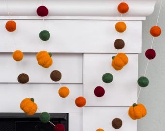 Pumpkin Garland- Burgundy Orange Green Brown- Fall Mantel, Thanksgiving Shelf, Halloween Home Decor- 1"  Felt Balls  1.5" Pumpkins
