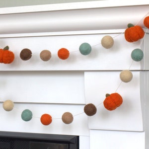 Felt Pumpkin Garland- Dark Orange, Teal, Brown- Halloween Fall Mantle Banner, Autumn Shelf, Thanksgiving Decor- 1" Balls, 1.5" Pumpkins