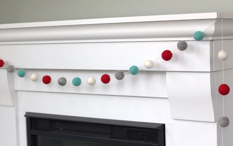Red Turquoise Gray White Christmas Garland Felt Ball Garland Christmas Holiday Decor 1 Felt Balls 100% Wool image 7