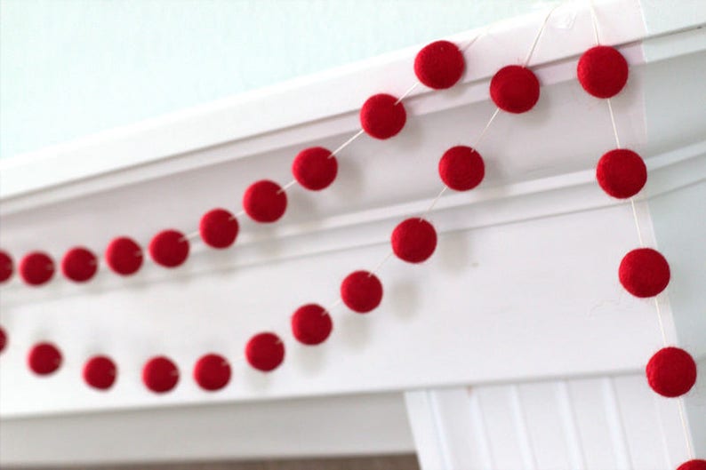 Red Wool Felt Ball Garland Pom Pomchristmas Valentines Etsy