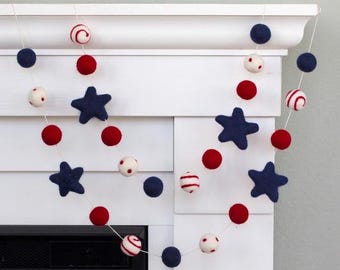 Fourth of July Garland- 1" Felt Balls, 2" Stars- Stars & Swirls- Red White Navy Blue- Memorial Day Party, American Flag Mantel Banner Decor