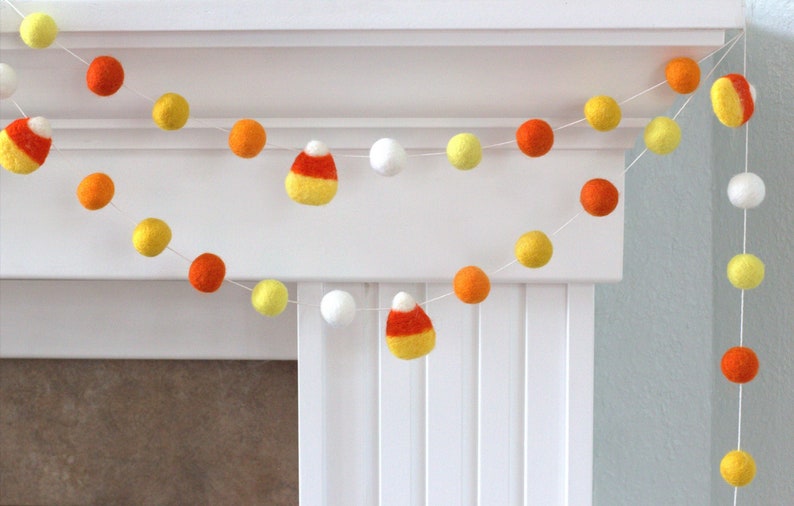 Candy Corn Garland Oranges & Yellows Fall Mantle Banner, Autumn Shelf, Thanksgiving Harvest, Party Decor 1 Felt Balls 100% Wool image 1