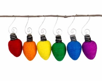 Christmas Light Bulb Ornaments- SET OF 6 Rainbow Colors- Winter Tree Decor, Holiday Gift- 100% Wool