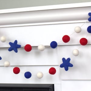 Fourth July Garland Decor 1 Felt Balls, 2 Stars Red White Royal Blue Memorial Day Party, American Flag Mantle Banner, Labor Day Shelf image 1