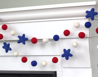 Fourth of July Garland Decor- 1" Felt Balls, 2" Stars- Red White Royal Blue with Stars- Holiday Party- Memorial Day- Fourth July- 100% Wool