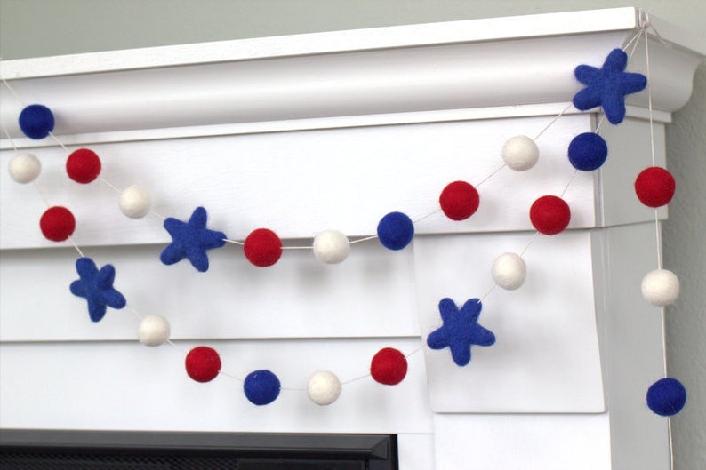 Fourth July Garland Decor 1 Felt Balls, 2 Stars Red White Royal Blue Memorial Day Party, American Flag Mantle Banner, Labor Day Shelf image 1