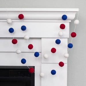 Fourth July Garland- 1" Felt Balls- Red, Royal Blue, White- Memorial Day Party Decor, American Flag Mantel Banner, Labor Day Shelf, USA