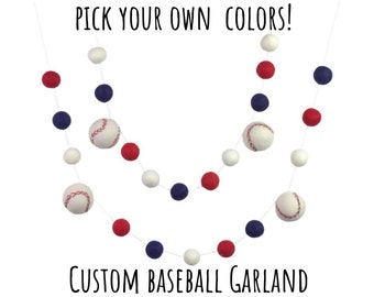 CUSTOM Baseball Garland- CHOOSE Your Own Colors- 1" Felt Balls  1.75" Baseballs- School Spirit Team Colors- 100% Wool