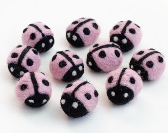 Ladybug Felt Shapes- Pink & Black- Garland Pompom Decor- 100% Wool Felt- Approx. 1.25" x 1"