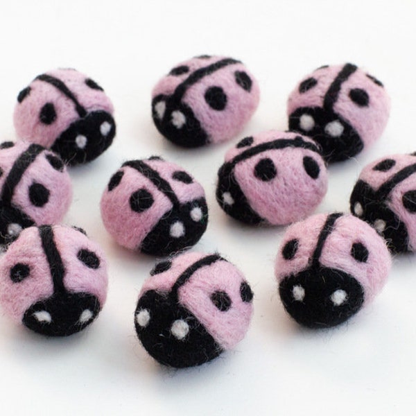 Ladybug Felt Shapes- Pink & Black- Summer Home Decor, Spring Tiered Tray, Cat Toy Gift- 100% Wool Felt- Approx. 1.25" x 1"