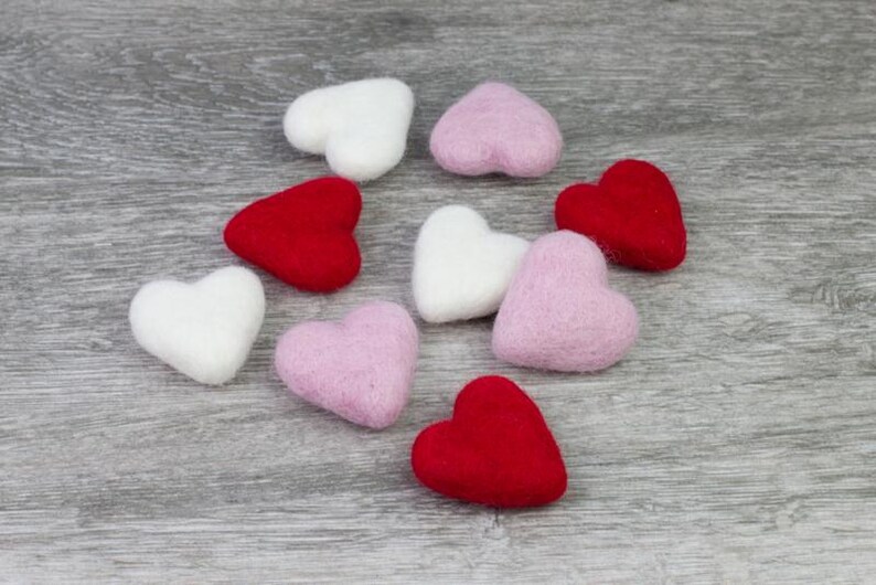 Wool Felt Hearts- Red Pink White- SET of 3, 6 or 12 Valentine's Day Bowl Filler, Tiered Tray, Shelf Sitter, Wool Cat Toy- Approx. 1.75" Tall image 2