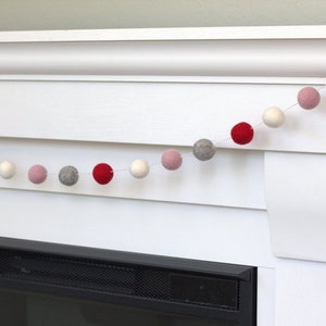 Valentine's Decor Garland 1 Felt Balls Red, Pink, Gray & White Mantle Banner, Shelf Home Decor 100% Wool image 8