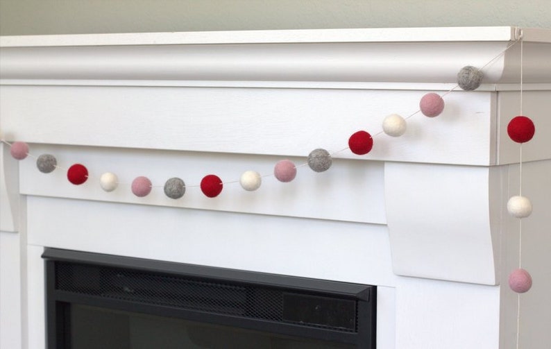 Valentine's Decor Garland 1 Felt Balls Red, Pink, Gray & White Mantle Banner, Shelf Home Decor 100% Wool image 8