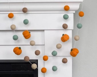 Fall Pumpkin Garland, Thanksgiving Mantel Decor - Teal Orange - 1" Felt Balls, 1.5" Pumpkins- Handmade