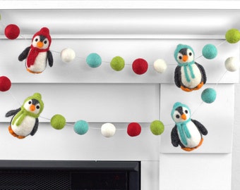 Penguin Christmas Garland- Red, Lime Turquoise- Christmas Mantle Banner, Holiday Shelf, Winter Home Decor- 1" Felt Balls, Approx 3" Penguins