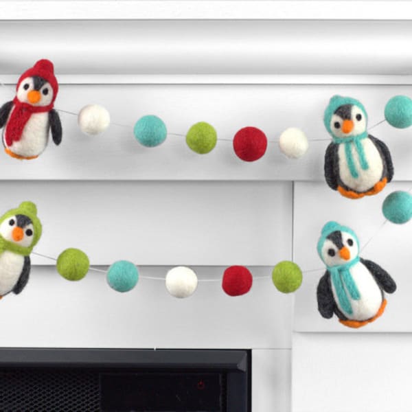 Penguin Christmas Garland- Red, Lime Turquoise- Christmas Mantel Banner, Holiday Shelf, Winter Home Decor- 1" Felt Balls, Approx 3" Penguins