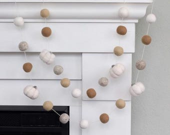 Fall Pumpkin Garland, Thanksgiving Mantel Decor - Neutral White Tan Gray - 1" Felt Balls 1.5" Pumpkin- Handmade
