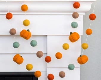Fall Felt Pumpkin Garland, Thanksgiving Mantel Decor - Teal, Orange, Gold - 1" Balls, 1.5" Pumpkins- Handmade