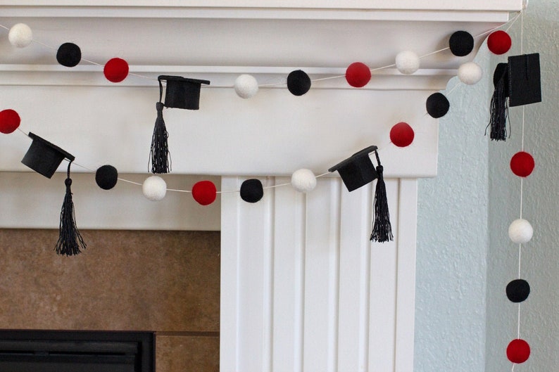 Graduation Cap Garland Decor 1 Felt Balls, 2 Wide Caps Red Black White with BLACK tassels Mortar Board Hat Mantle Party Banner image 1