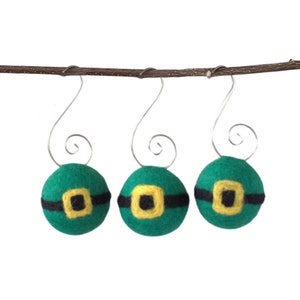 St. Patrick’s Day Shamrock Ornaments - Set of 3 or 5, with Silver Hooks - Spring Tree Decor - 100% Wool - 1.25" Balls