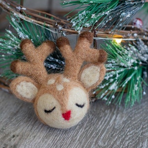 May include: A felt reindeer head ornament with closed eyes and a red nose. The reindeer has brown antlers and is decorated with white spots. The ornament is placed in front of a Christmas wreath with green pine needles and red berries.
