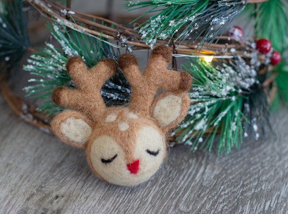 Felt Reindeer Red Nose- Needle Felted Figurine- Christmas Home Decor, Winter Tiered Tray, Holiday Bowl Filler, Approx 3" x 3"- Handmade