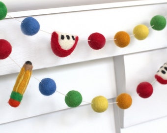 Back to School Pencil & Apple Felt Garland- 1" Felt Balls, 2" Apples, 2.75" Pencils- Primary Colors- First Day School- Classroom Decor