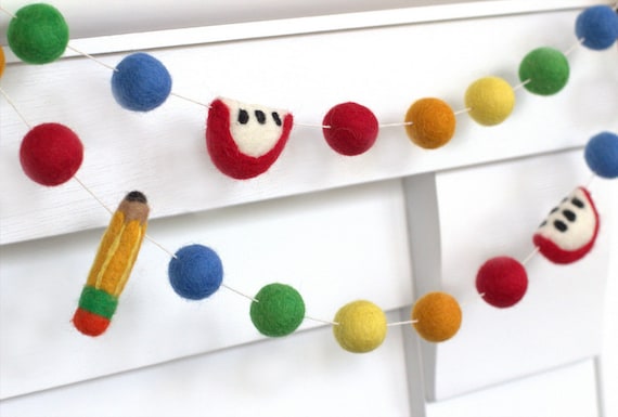 Back to School Pencil & Apple Felt Garland- 1" Felt Balls, 2" Apples, 2.75" Pencils- Primary Colors- First Day School- Classroom Decor