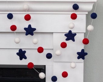 Fourth of July Garland - 1" Felt Balls, 2" Stars - Red White Navy Blue Banner - Patriotic Decor for Mantel, Shelf, Memorial Day, Labor Day