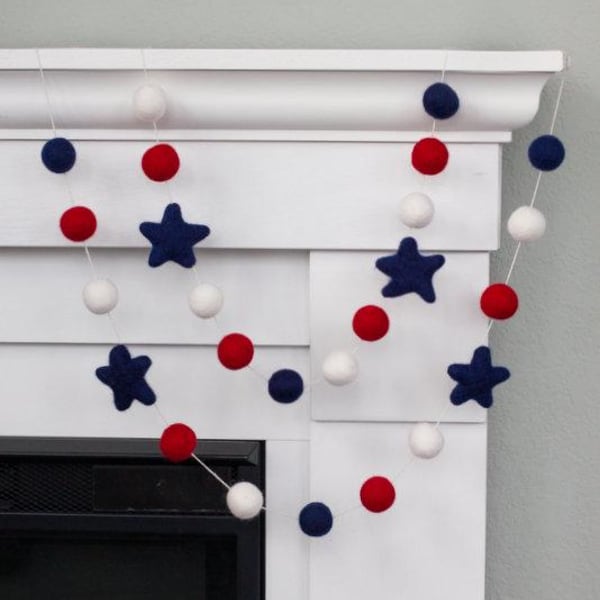 Fourth of July Garland - 1" Felt Balls, 2" Stars - Red White Navy Blue Banner - Patriotic Decor for Mantel, Shelf, Memorial Day, Labor Day