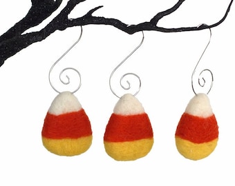 Halloween Fall Tree Ornaments- Candy Corn- Orange Yellow Wool Felt- Autumn Shapes with Hooks- Mantel, Tray Decor- Candy Corn Approx 1.75"