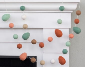 Easter Egg Home Decor Garland- 1" Felt Balls, 1.75-2" Egg- Earth Tones- Spring Mantel Banner, Shelf Home Decor- 100% Wool