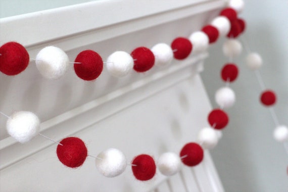 XOXO garland Valentines Day decor Red and white garland Valentine felt ball garland Valentine decor