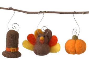 Thanksgiving Ornaments- Turkey, Pilgrim Hat & Pumpkin Set- Fall Autumn Halloween Shapes with Hooks- Mantle, Tray, Tree Decor