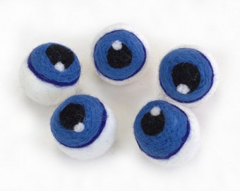 Blue Felt Eyeballs- Halloween Monster Eye Shapes- SET OF 2 or 5- Autumn Tiered Tray, Fall Vase Filler, Home Decor, Wool Cat Toy- Approx 1.5"