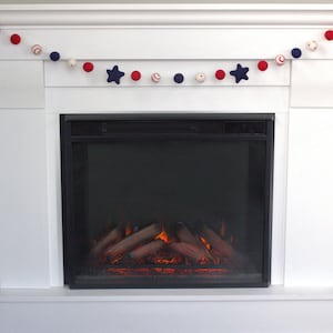 Fourth of July Garland 1 Felt Balls, 2 Stars Stars & Swirls Red White Navy Blue Memorial Day Party, American Flag Mantle Banner Decor image 2