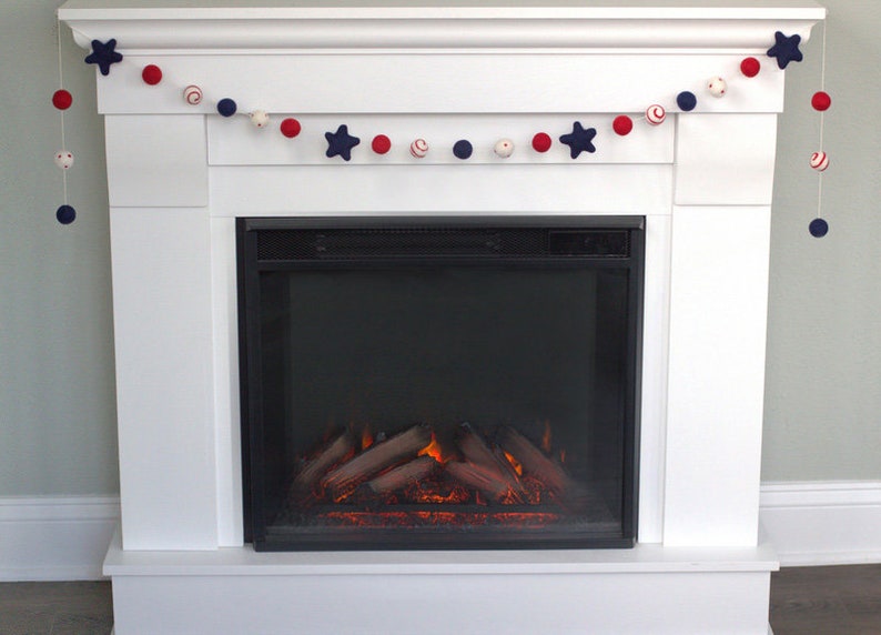 Fourth of July Garland 1 Felt Balls, 2 Stars Stars & Swirls Red White Navy Blue Memorial Day Party, American Flag Mantle Banner Decor image 2