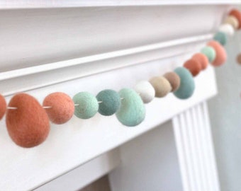 Easter Egg Garland- 1" Felt Balls, 1.75-2" Egg- Earth Tones- Spring Mantle Banner, Shelf Home Decor- 100% Wool